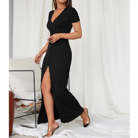 Black Rib Knit Button Down Short Sleeve Long Dress - Picture 1 of 7